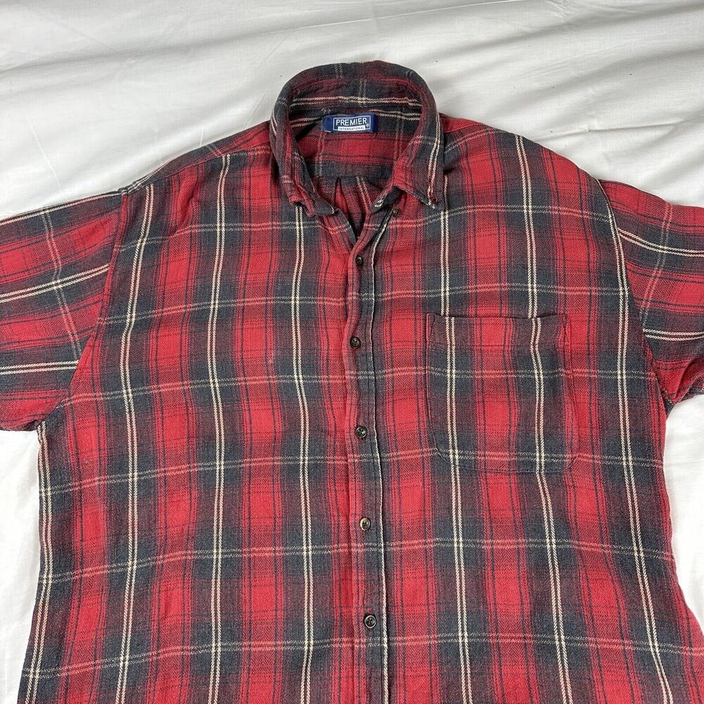 Premier International Red and Black Plaid Long Sleeve Flannel Shirt Mens Size XL